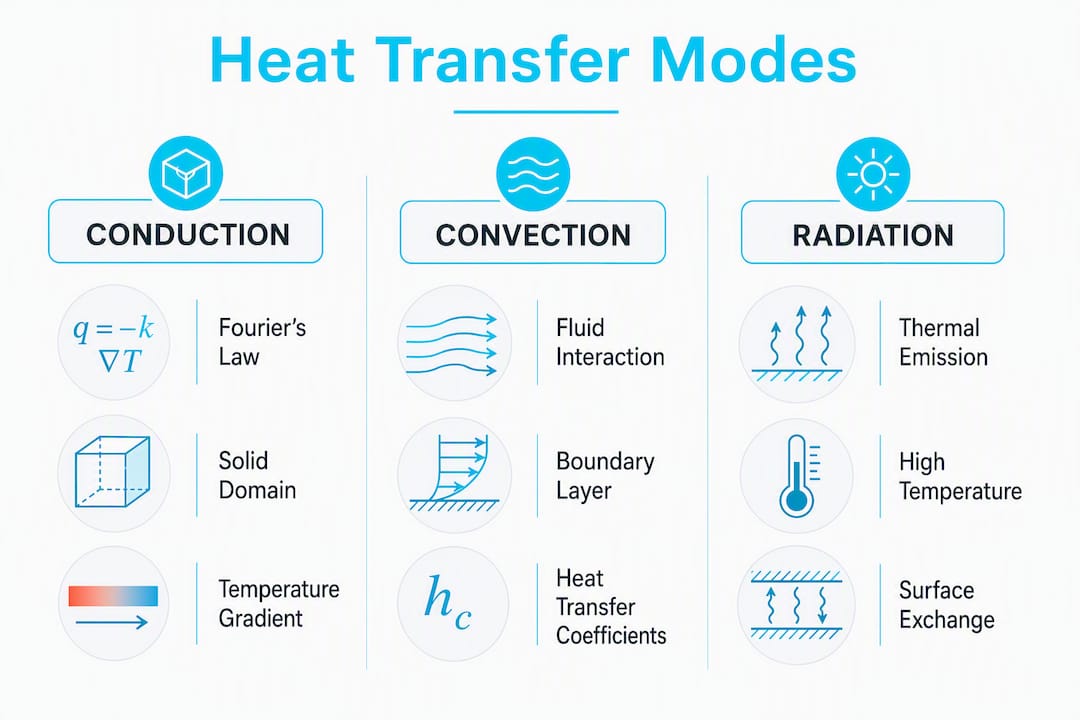 Infographic comparing conduction, convection, and radiation modes