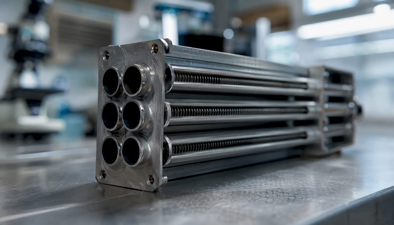 Close-up of counterflow heat exchanger tube bundle