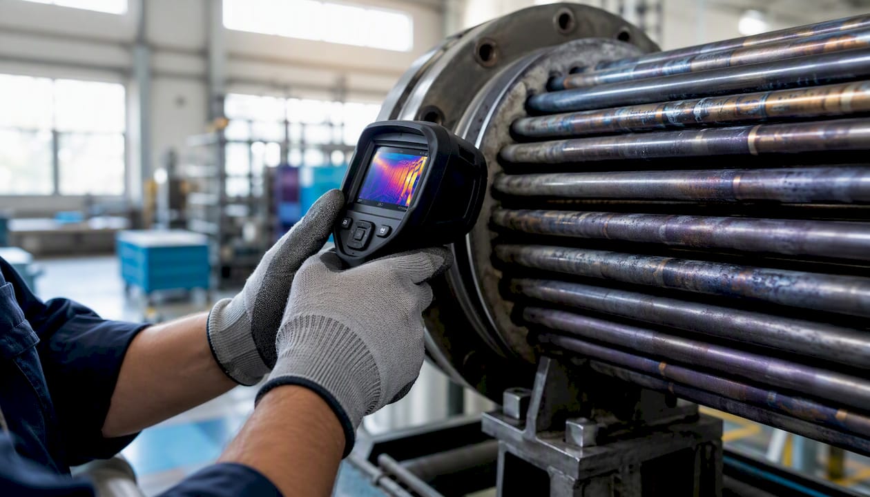 Engineer inspecting tubular heat exchanger with thermal camera