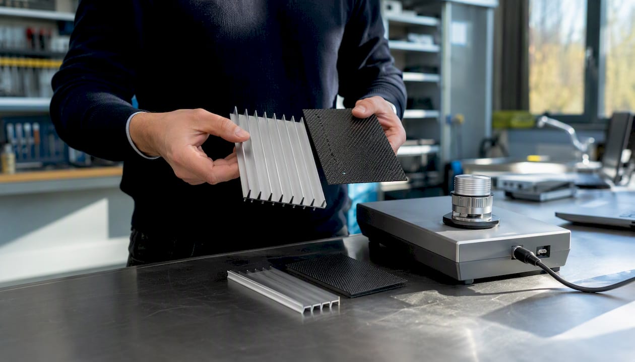 Hands comparing heat sink material samples