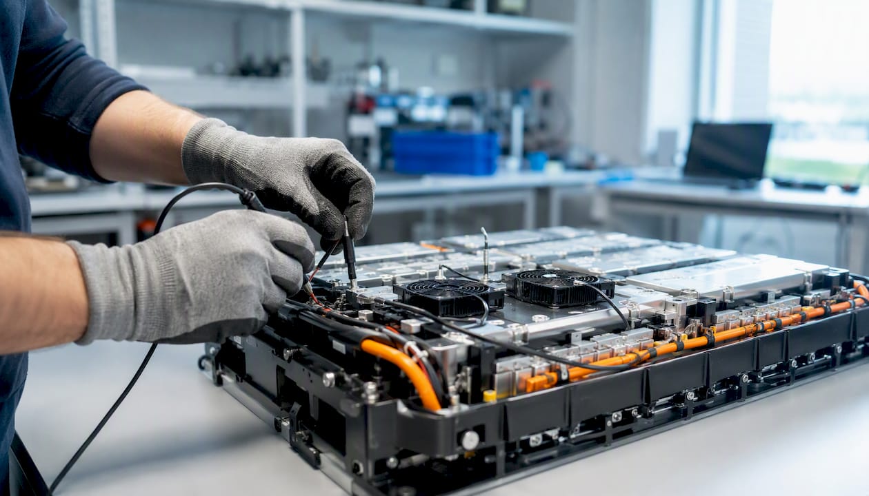 Engineer wiring thermal sensors on battery pack