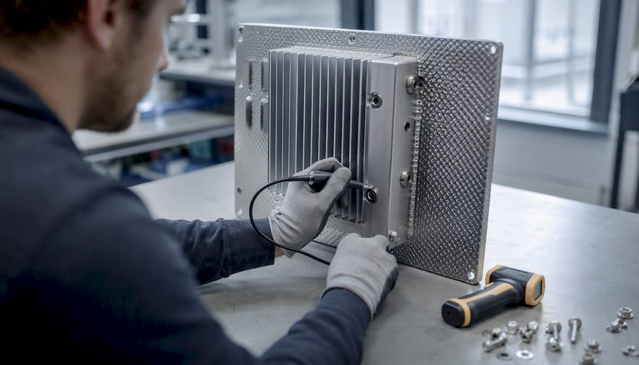 Thermal sensor placement on metal panel close-up