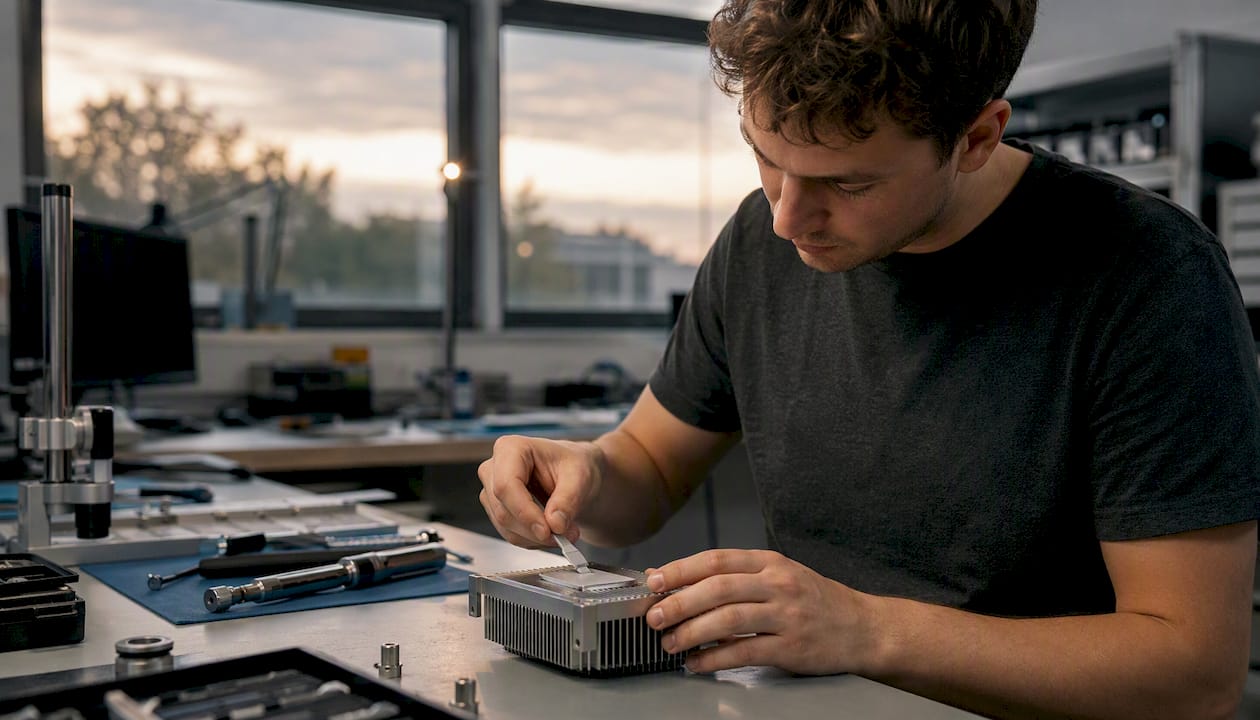 Technician applying thermal interface material on heat sink