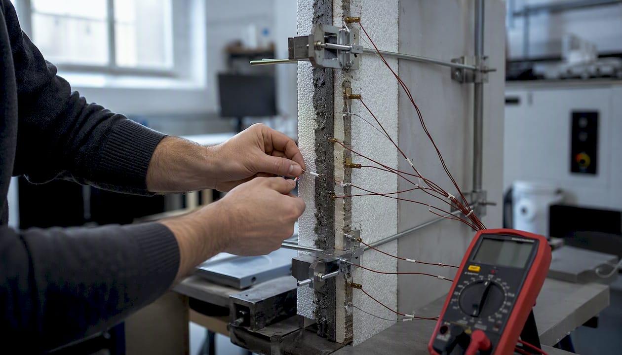 Engineer adjusting sensors on composite wall sample