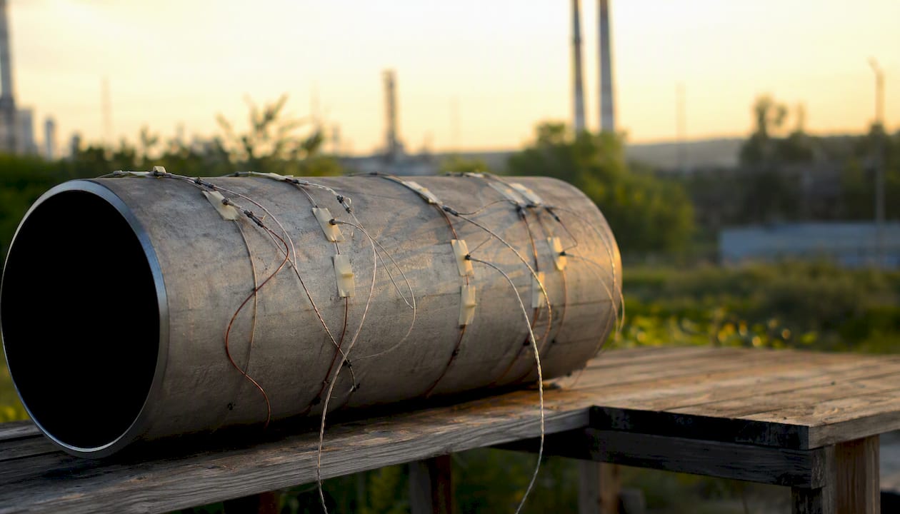 Steel pipe section with temperature sensors attached