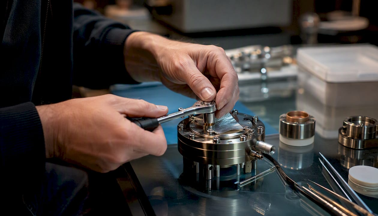 Hands assembling cryogenic joint with indium foil