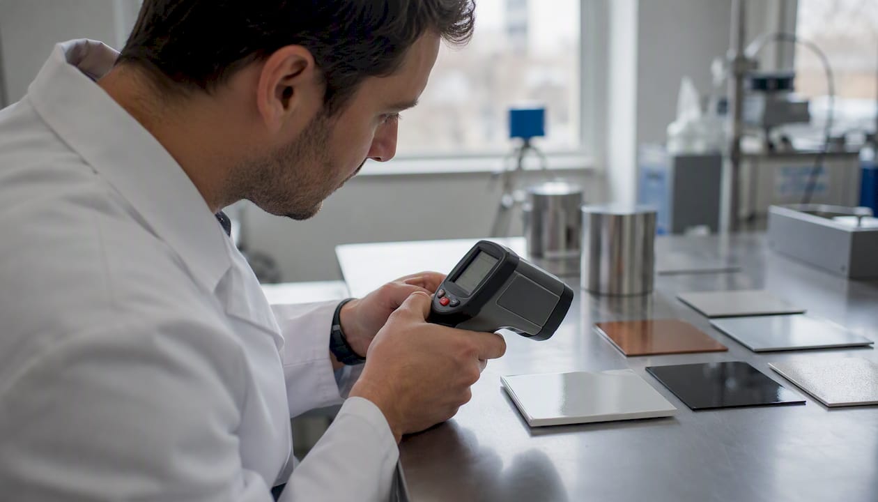 Engineer measuring emissivity on metal sample