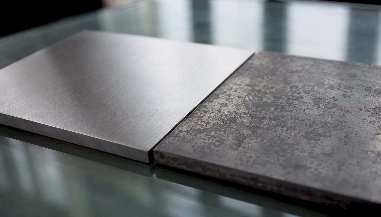 Polished and oxidized aluminum surfaces close-up