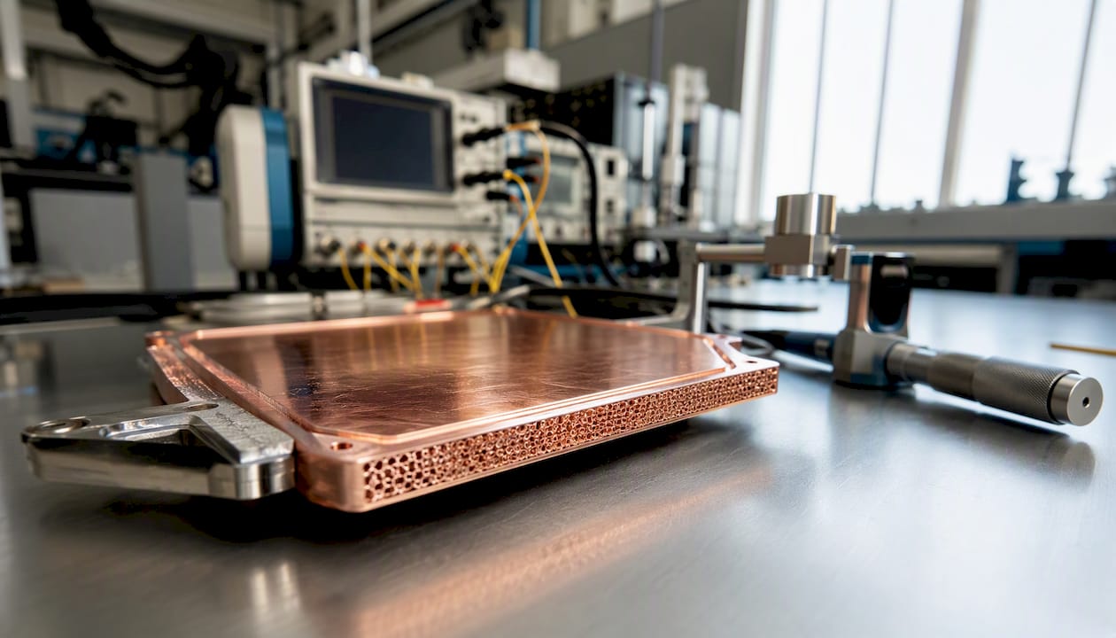 Copper vapor chamber prototype on lab bench