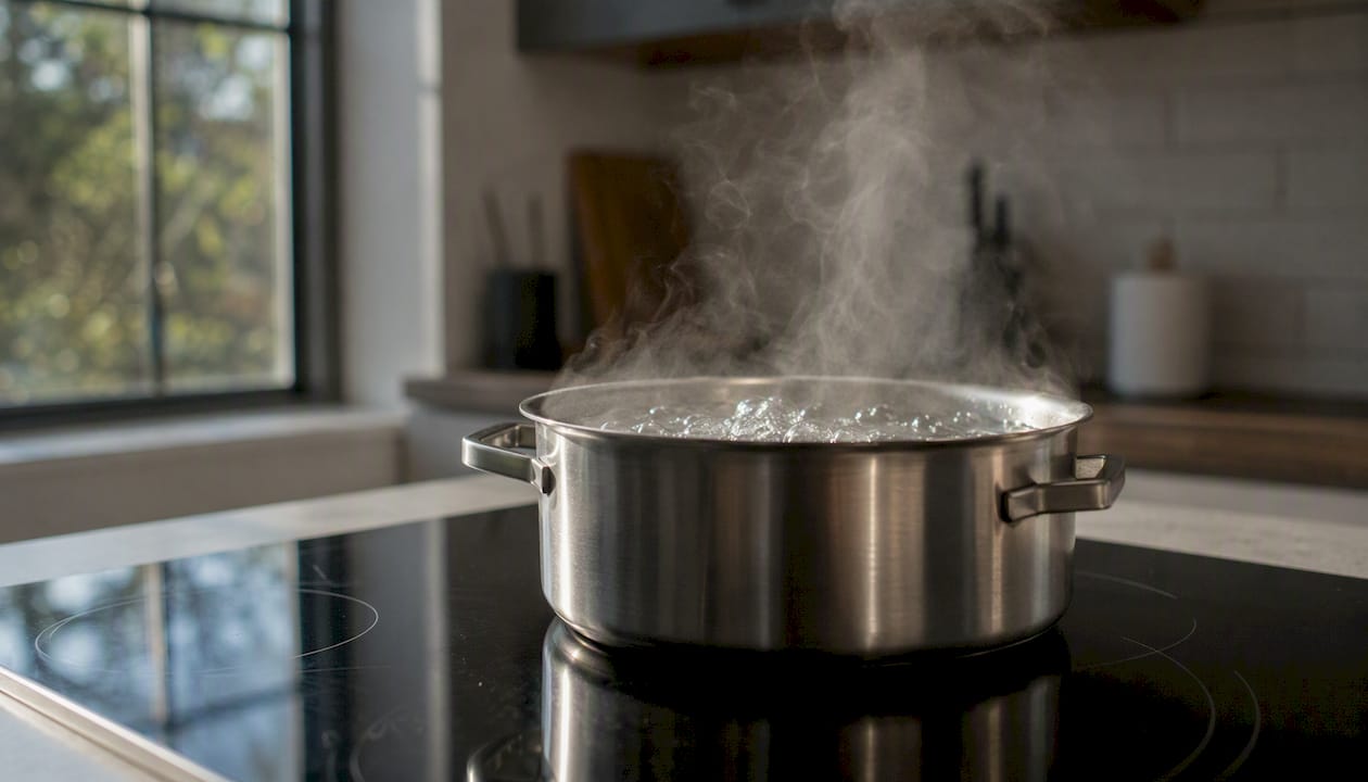 Boiling water showing natural convection currents in pot