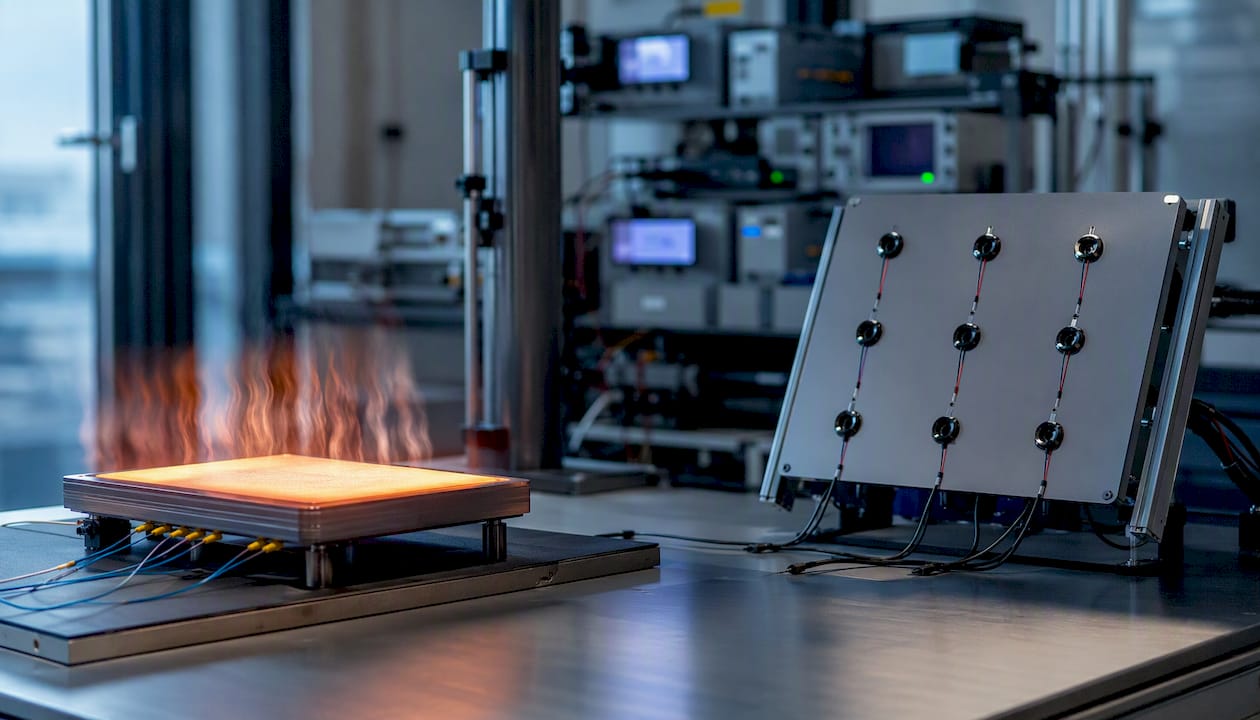 Thermal lab setup showing convection heat waves and radiation panel