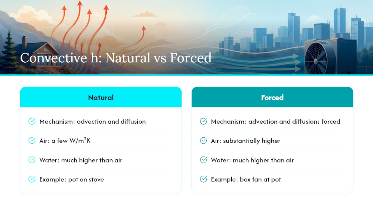 Comparison chart of convection coefficients for natural and forced convection in air and water