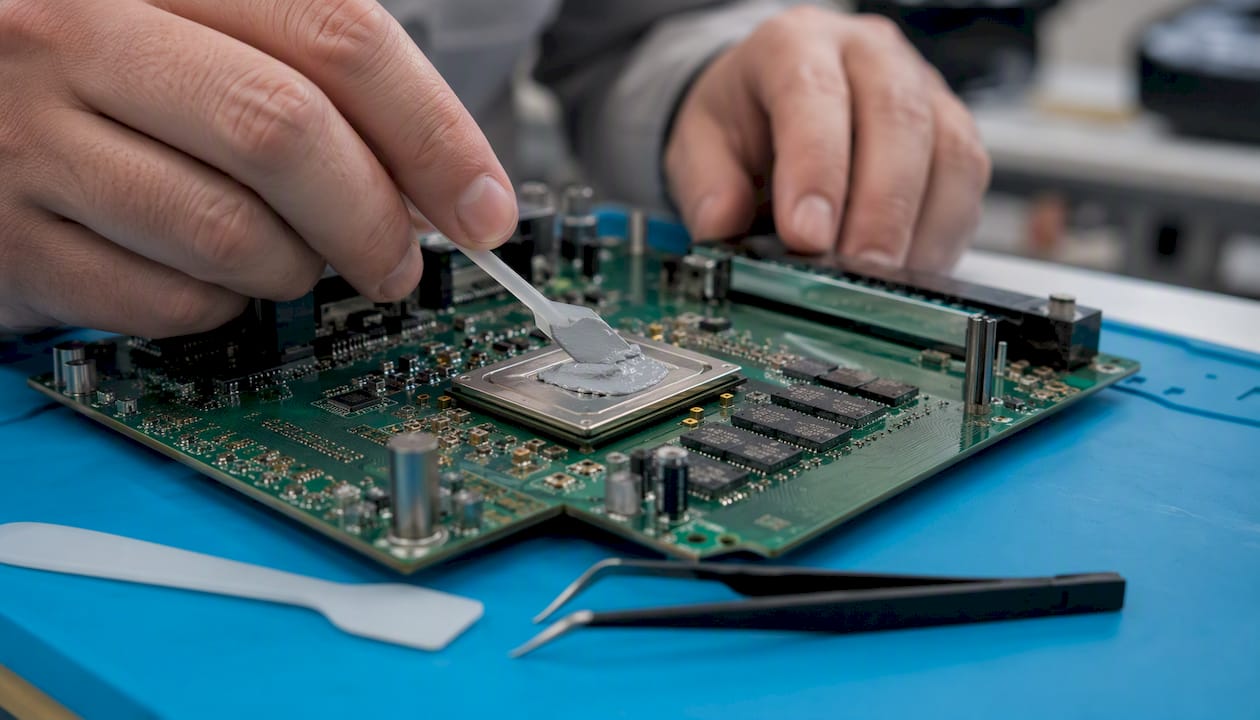 Hands applying thermal interface material on power electronics