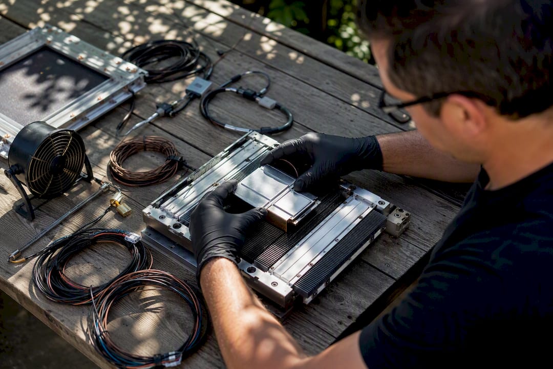 Hands installing a PCM thermal module on heat sink