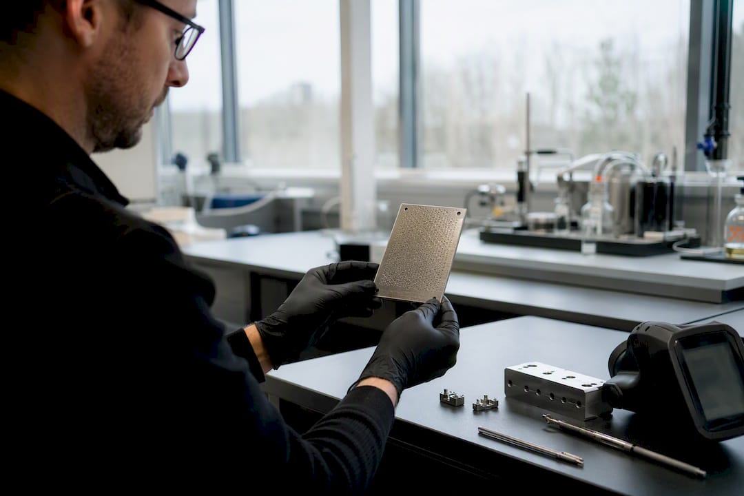 Engineer holding micro-structured boiling surface sample