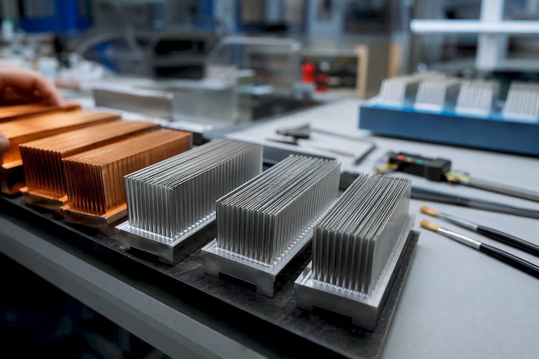 Close-up of copper and aluminum heat sink fins