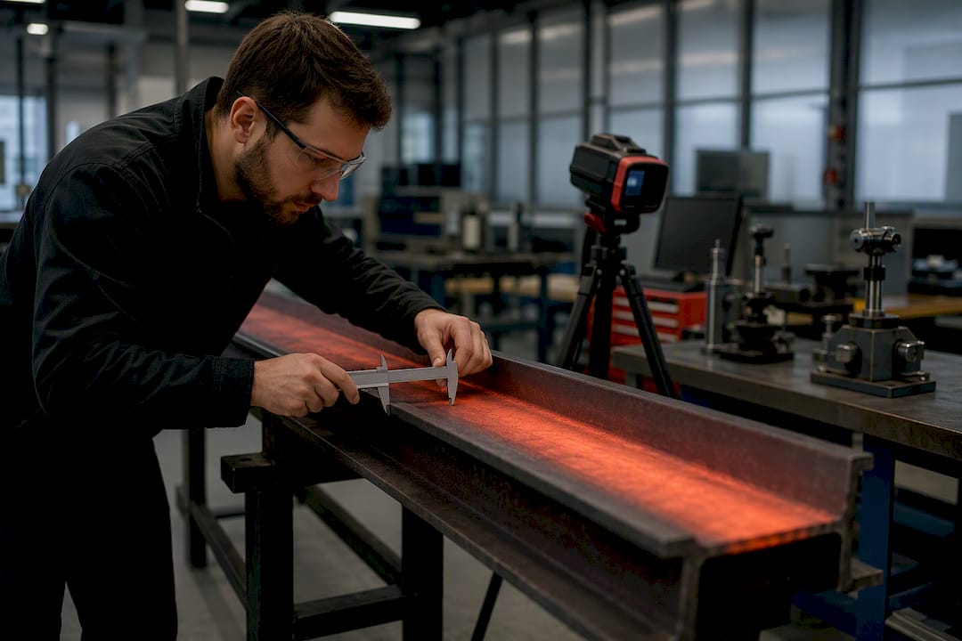 Engineer measuring thermal expansion on steel beam