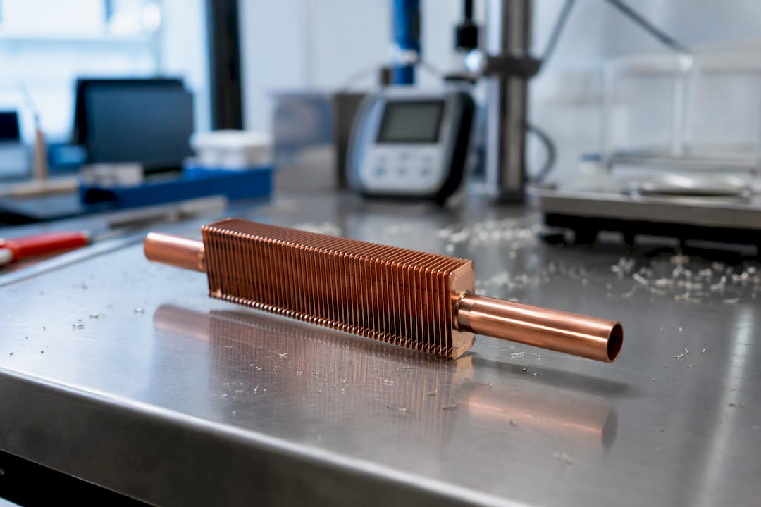 Copper heat pipe segment on lab bench