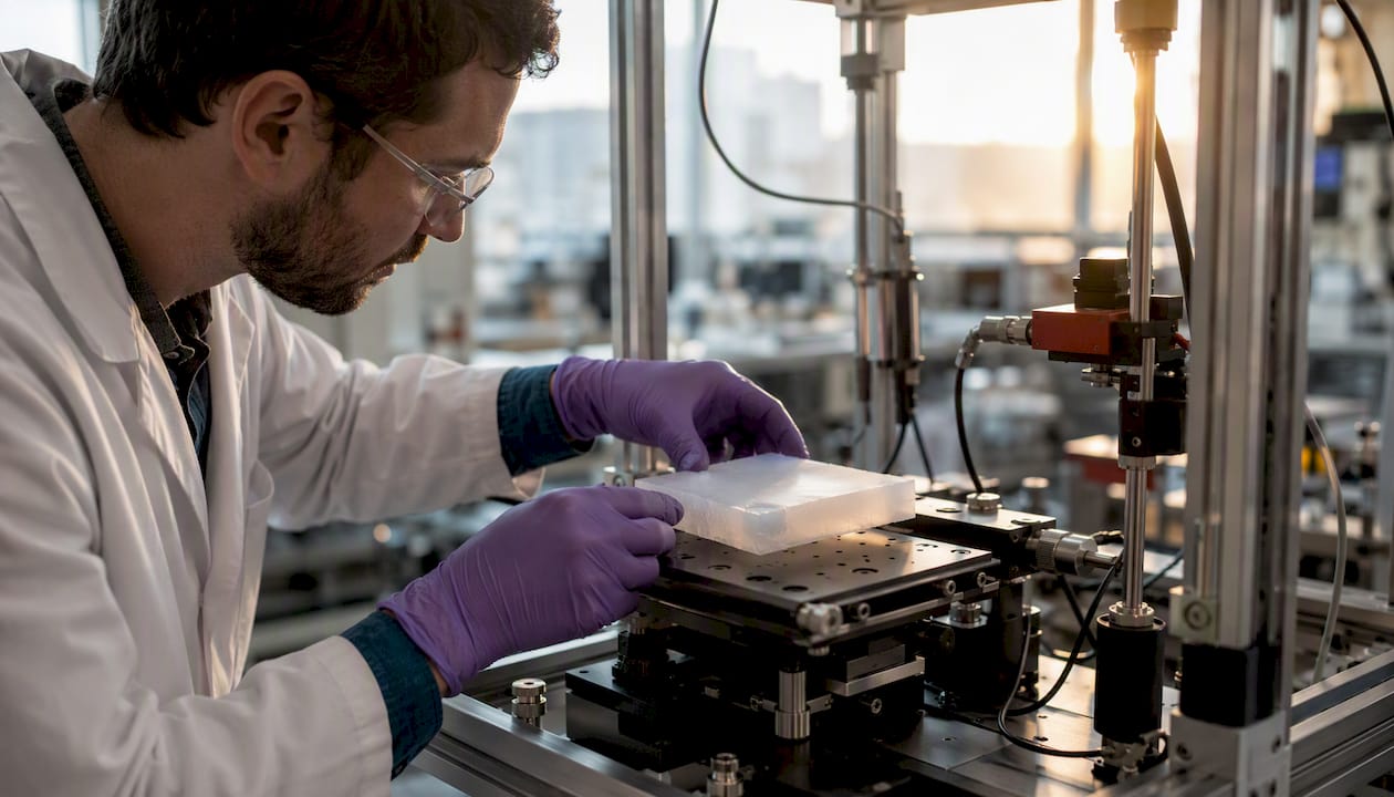 Scientist handling silica aerogel insulation panel