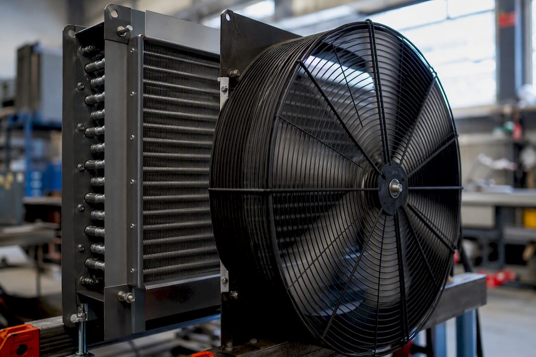 Forced air cooling fan on heat exchanger fins