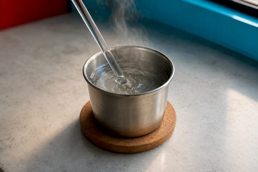 Stirring hot water in small metal cup