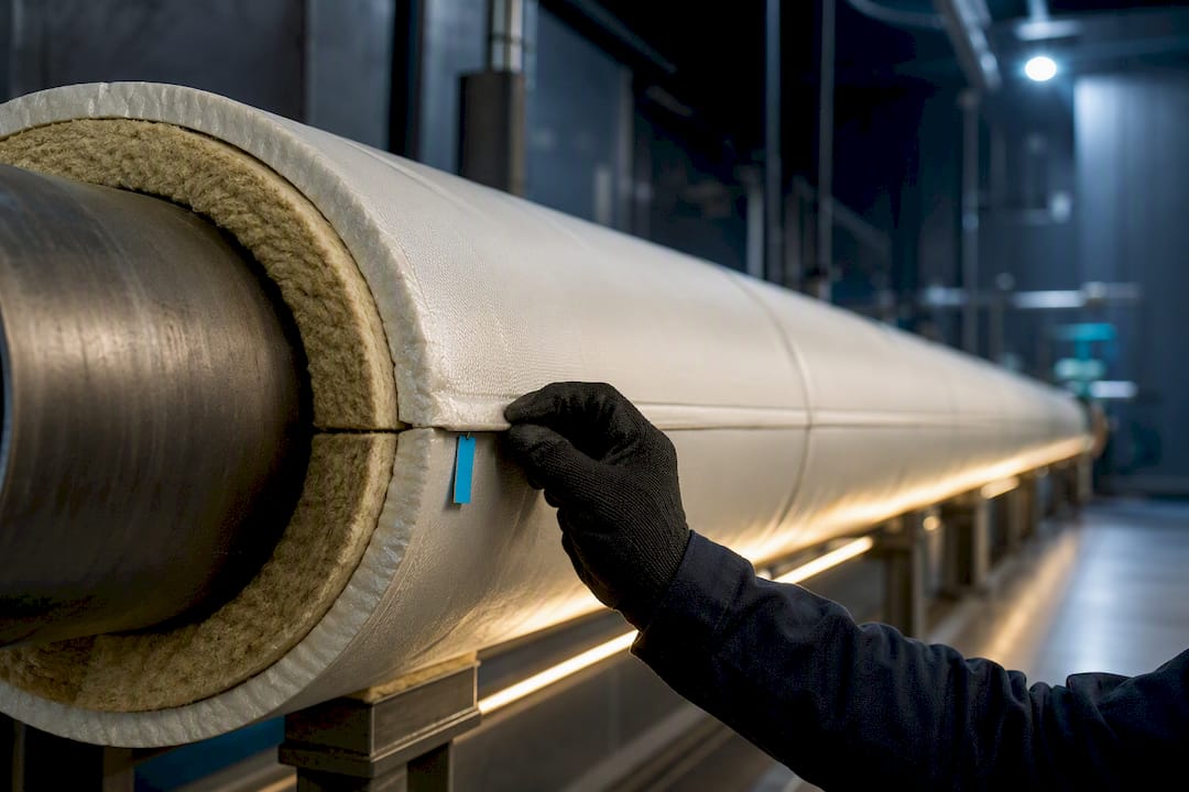 Fiberglass insulation around an industrial pipe