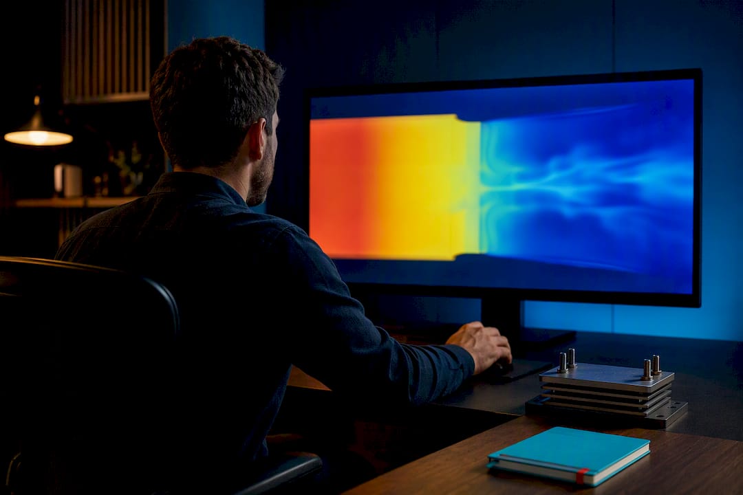 Engineer reviewing conjugate heat transfer simulation