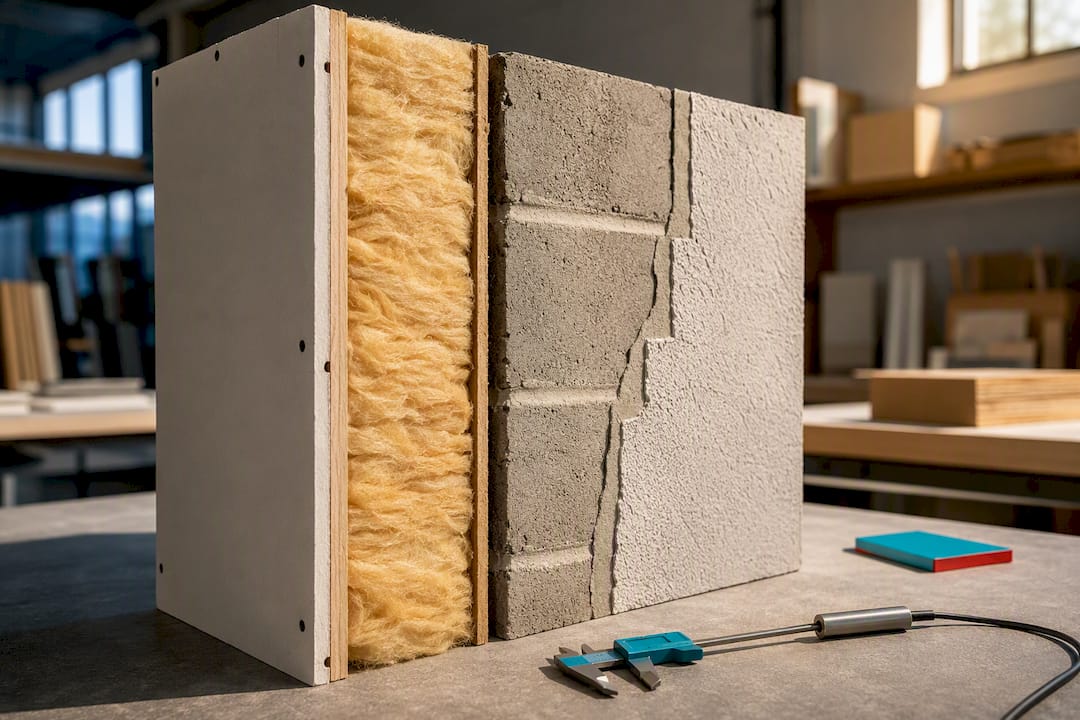 Multilayer wall section showing thermal resistance materials