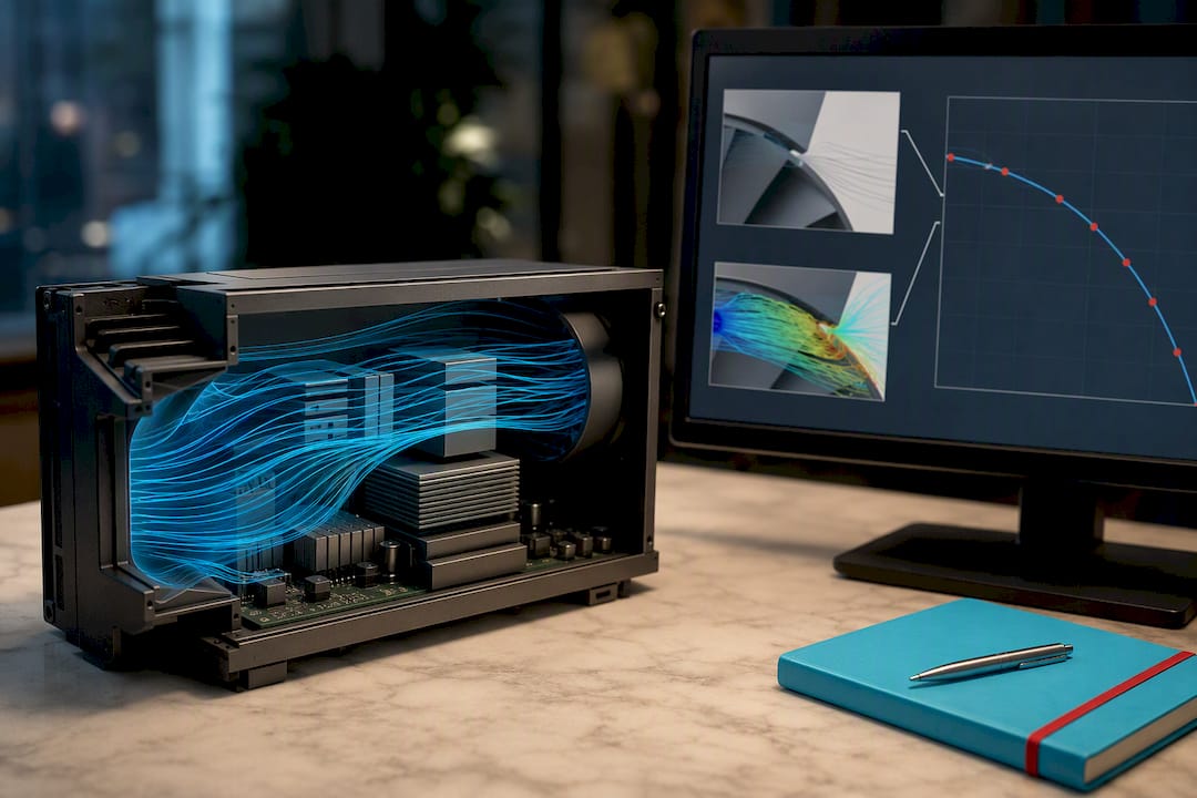 CFD airflow paths through compact electronics enclosure