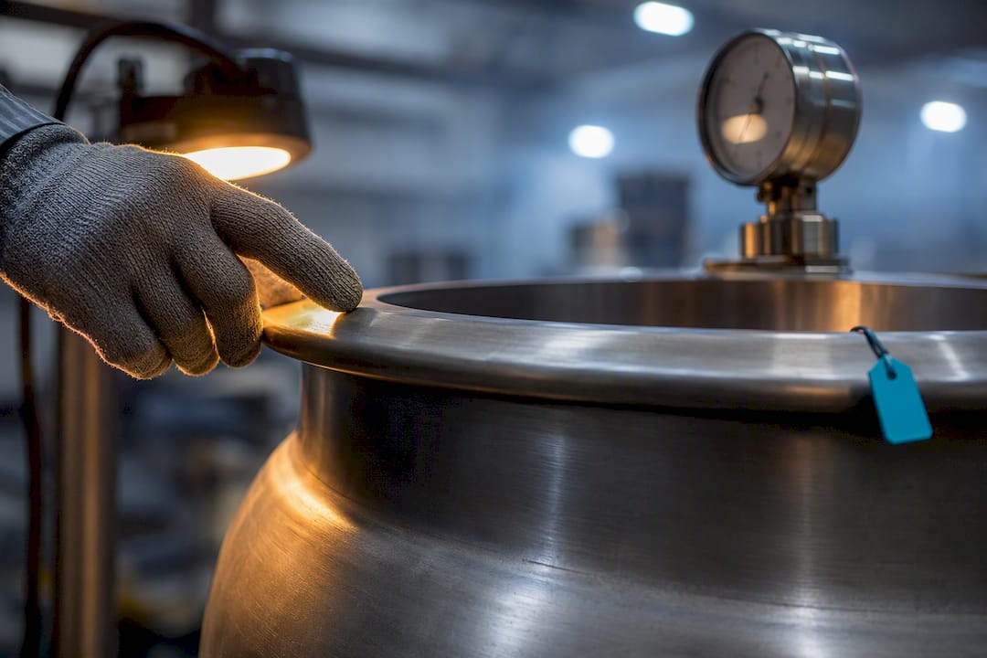 Engineer inspecting pressure vessel component