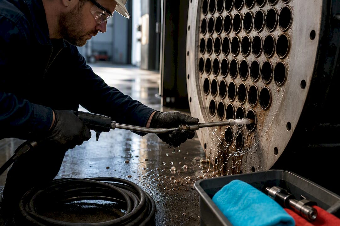 Technician water-jet cleaning exchanger tubes