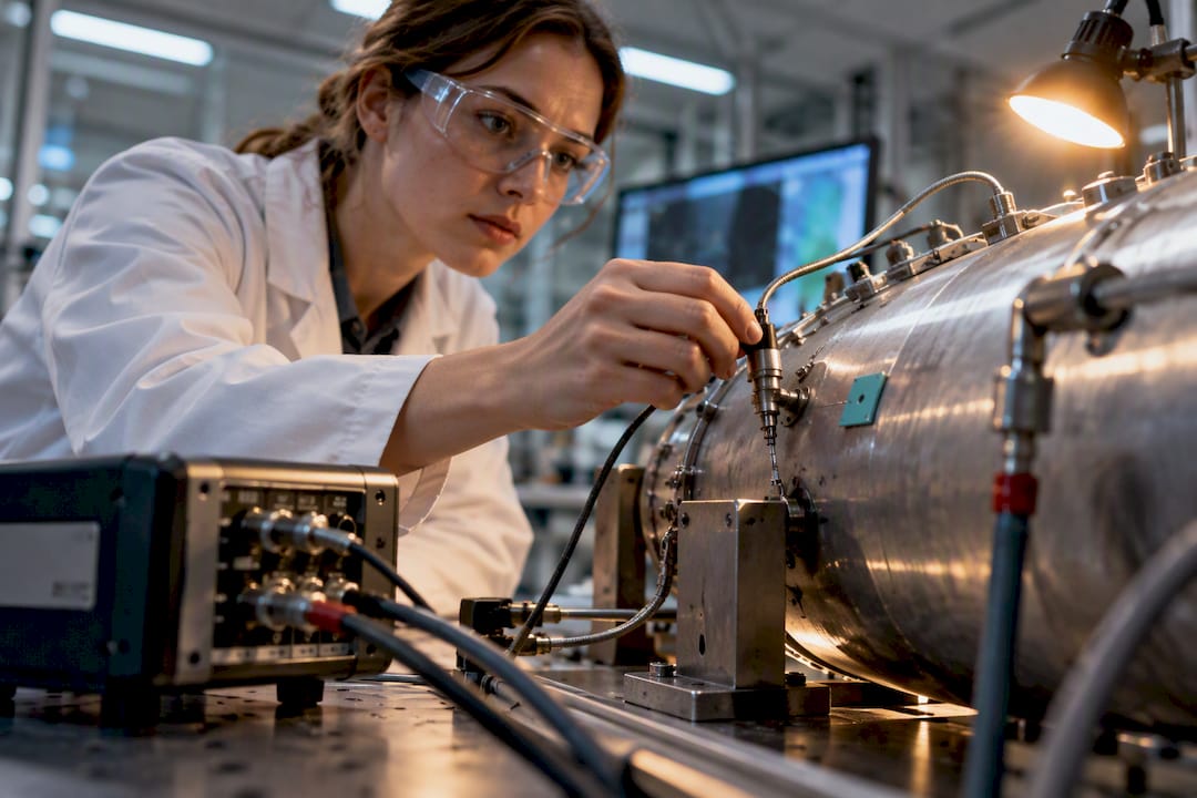 Engineer adjusting sensors on validation test article