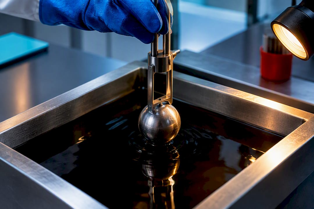 Steel sphere entering an oil quench bath
