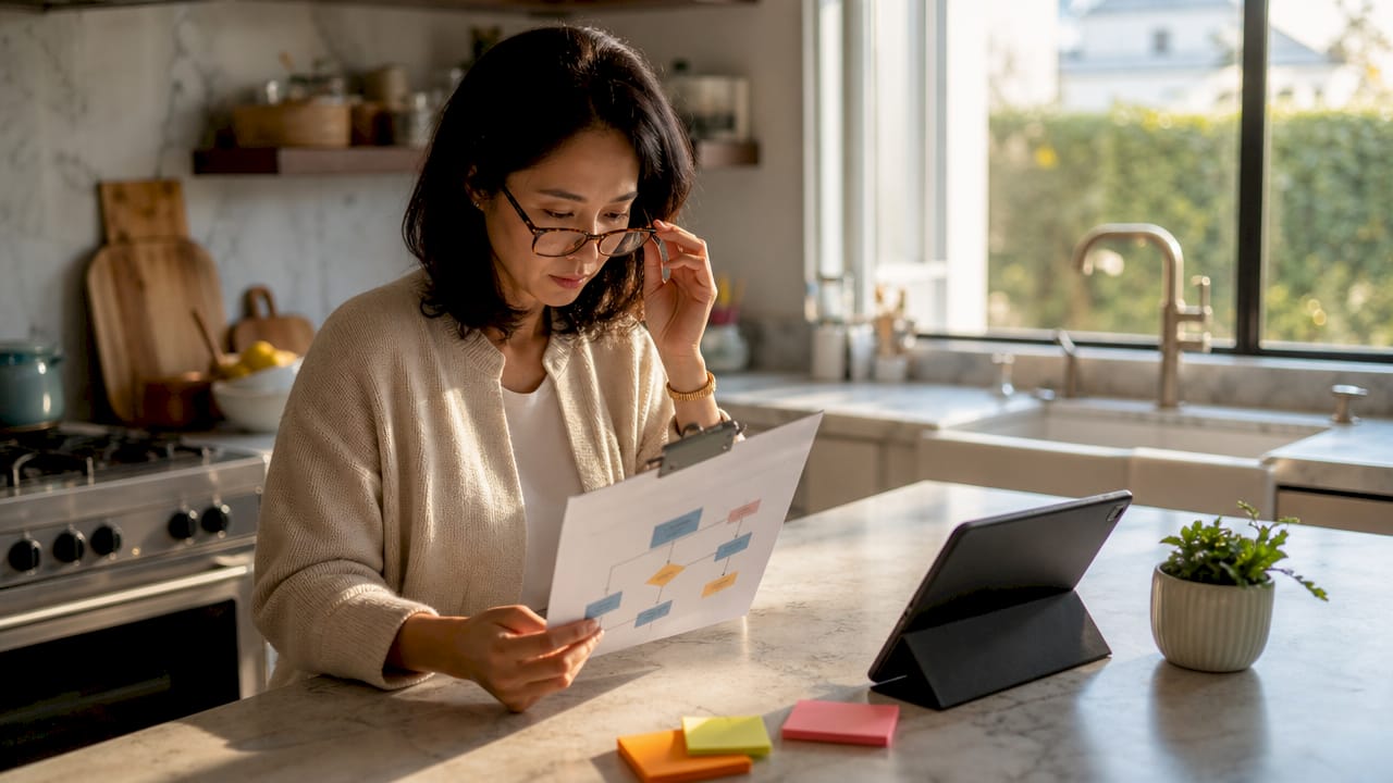 Woman using stock dividend calculator in home office