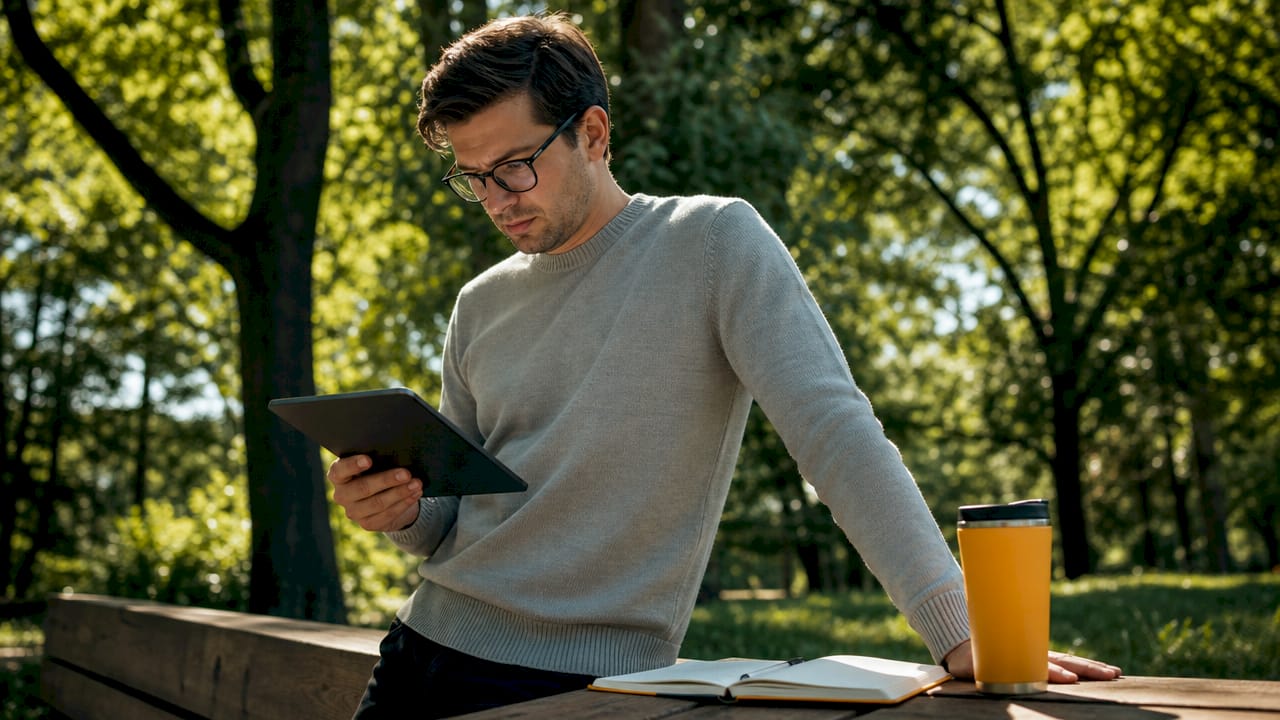 Investor reviewing portfolio on tablet at home desk