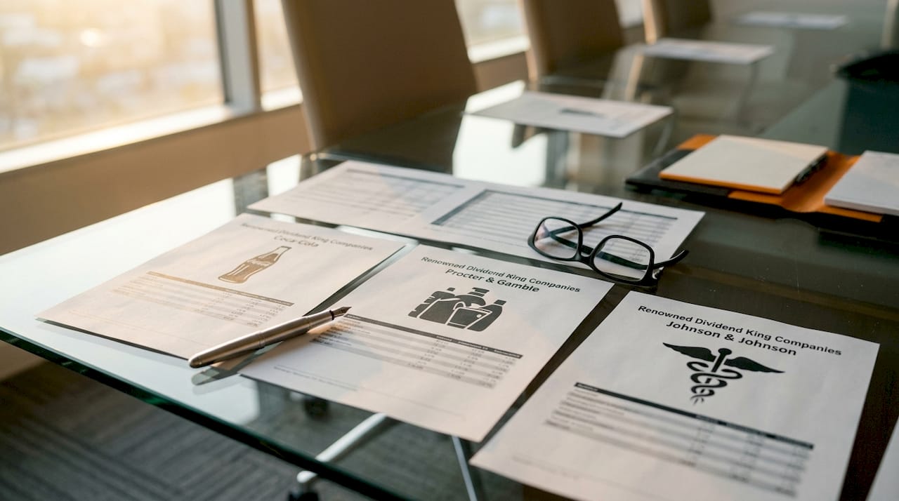 Overhead view of Dividend Kings reports and logos