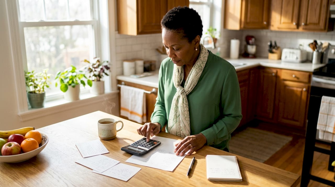 Woman using dividend calculator at home office