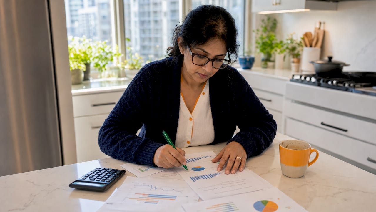Woman reviewing dividend yield charts at desk