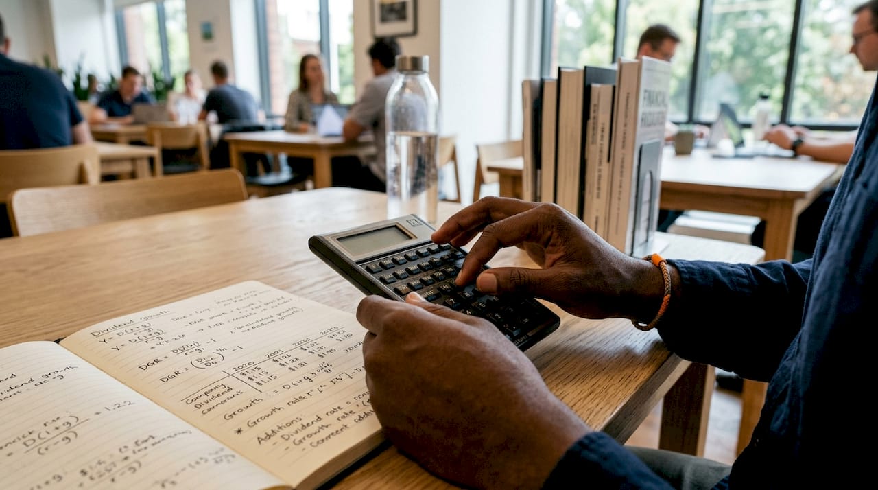 Hands using calculator with dividend notes