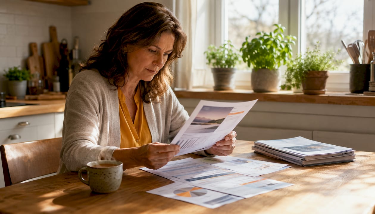 Investor reviewing ETF brochures in home office