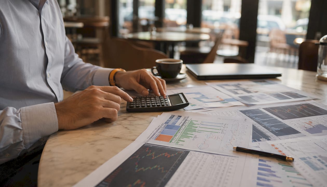 Hands using calculator with market data papers