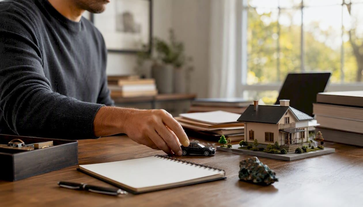 Investor arranging physical asset models on desk