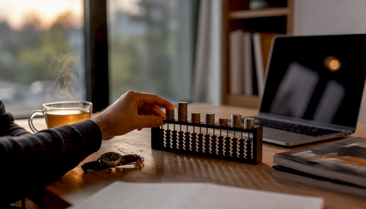 Trader's desk with abacus and coffee cup