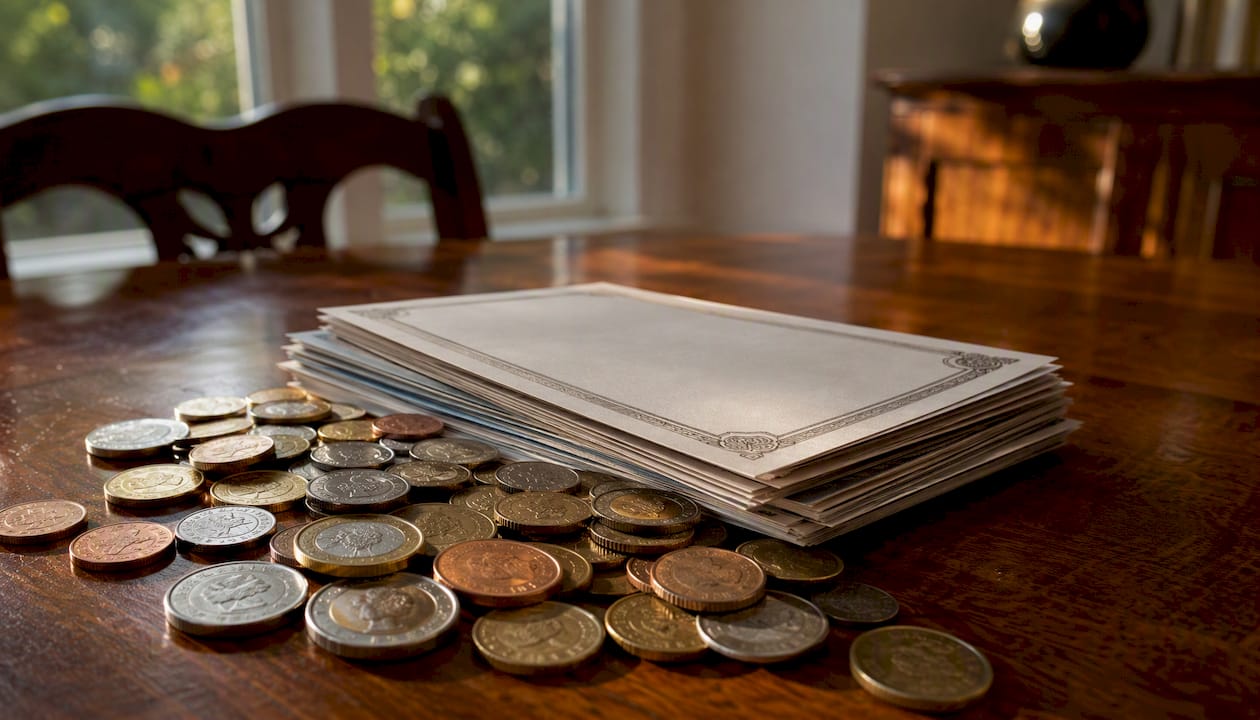 Currency coins near bond certificates
