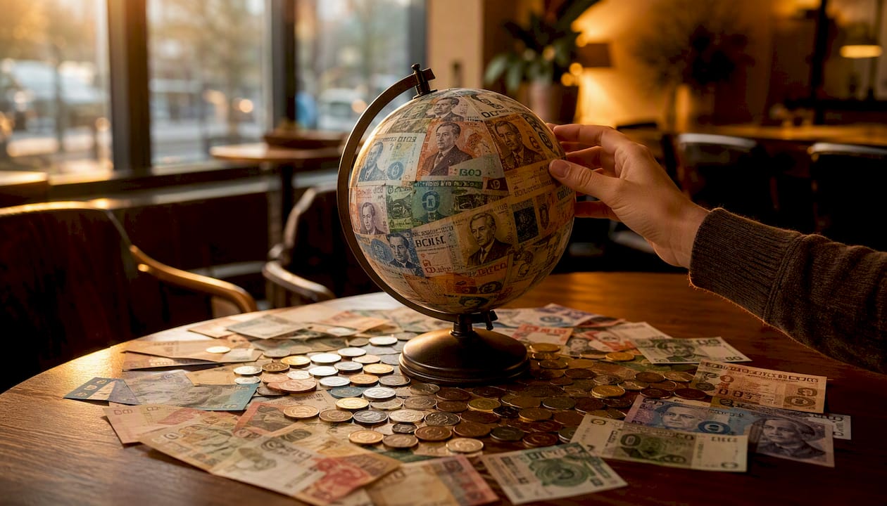 Hand turning globe with world currencies