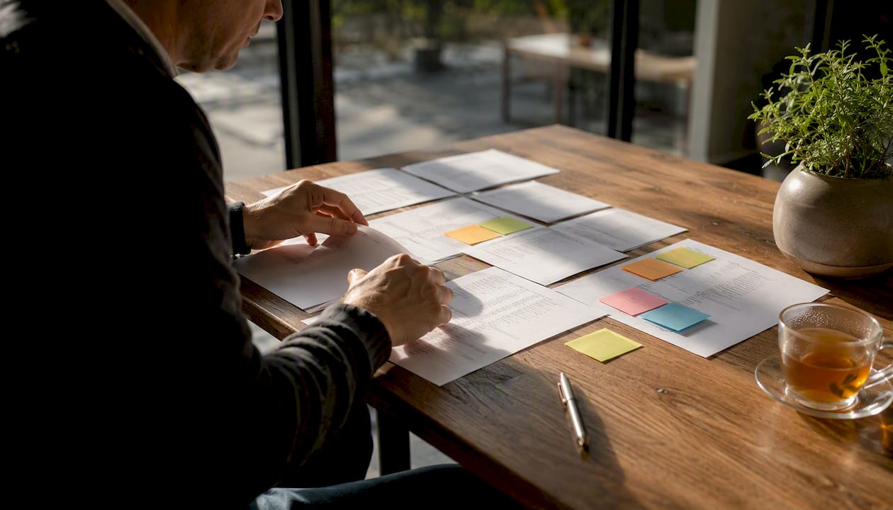 Hands sorting ETF holding lists and sticky notes