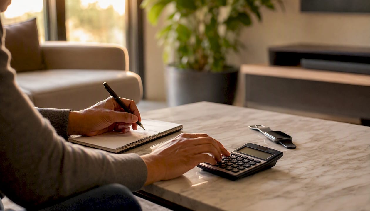 Hands calculating investment returns with notebook and calculator