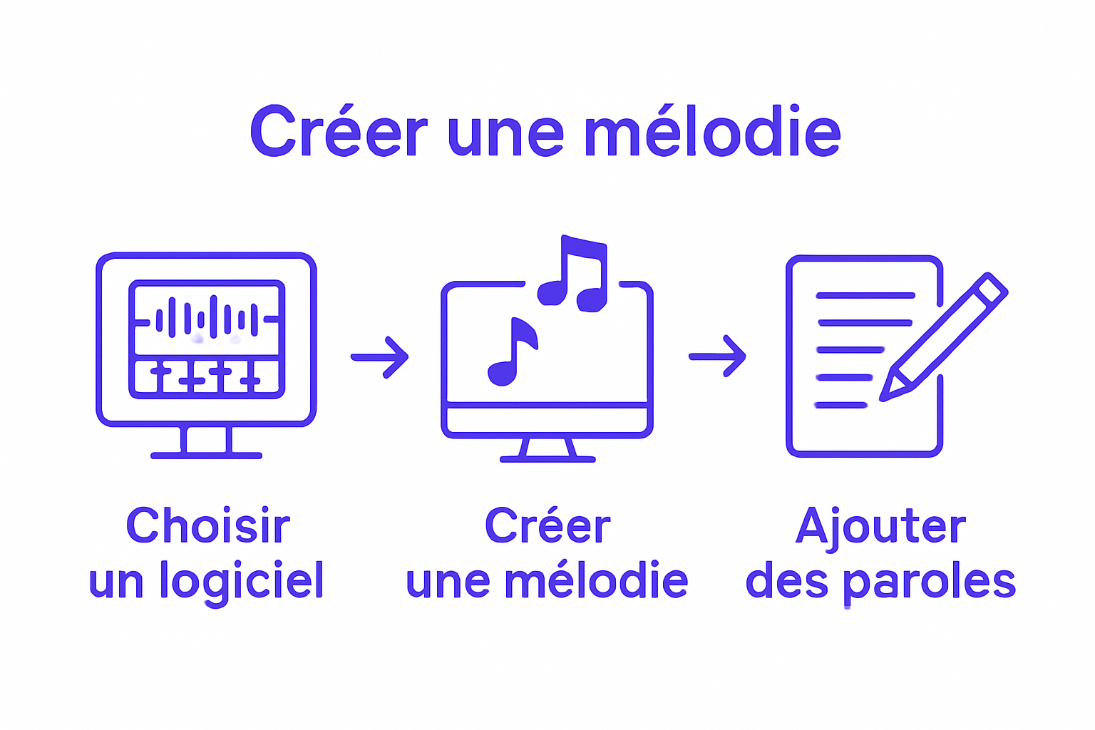Infographic showing 3 key steps: choisir logiciel, créer mélodie, ajouter paroles
