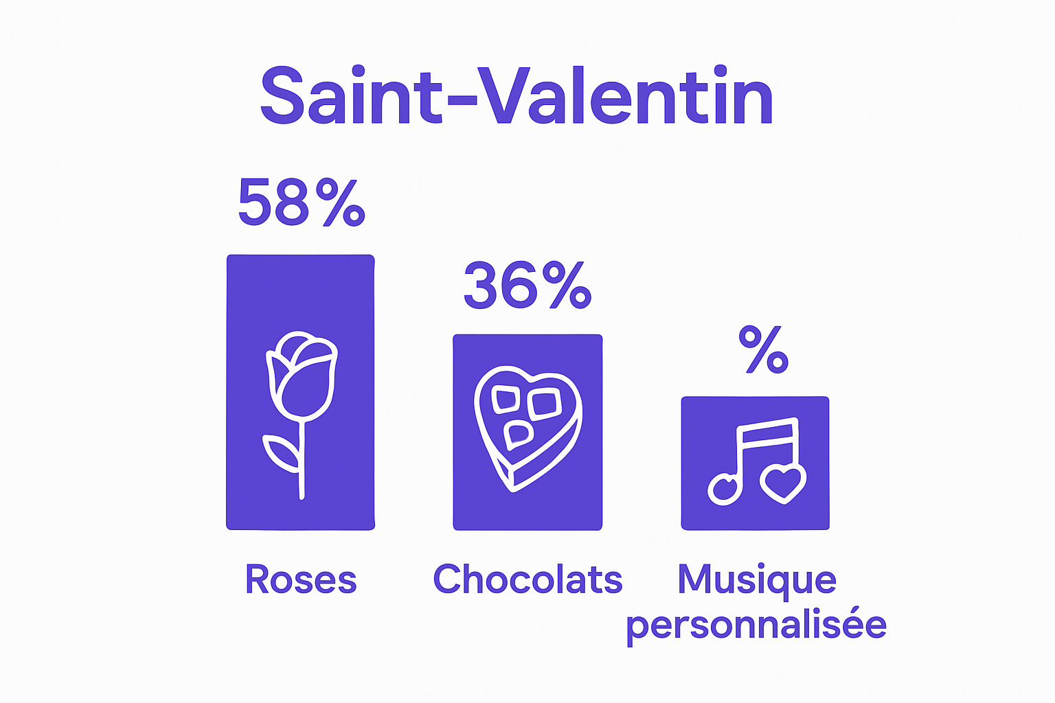 Infographic showing most popular Saint Valentin gifts: roses, chocolates, music