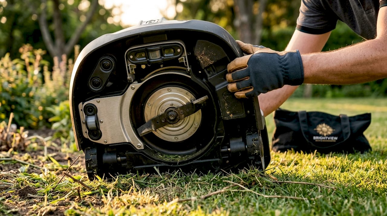 Close-up of sensors and blades on robotic mower underside